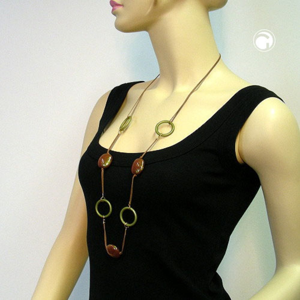 unbespielt Collier Modeschmuck Kette Kunststoff-Nuggets u. Ringe braun-grün 100 cm, Modeschmuck für Damen