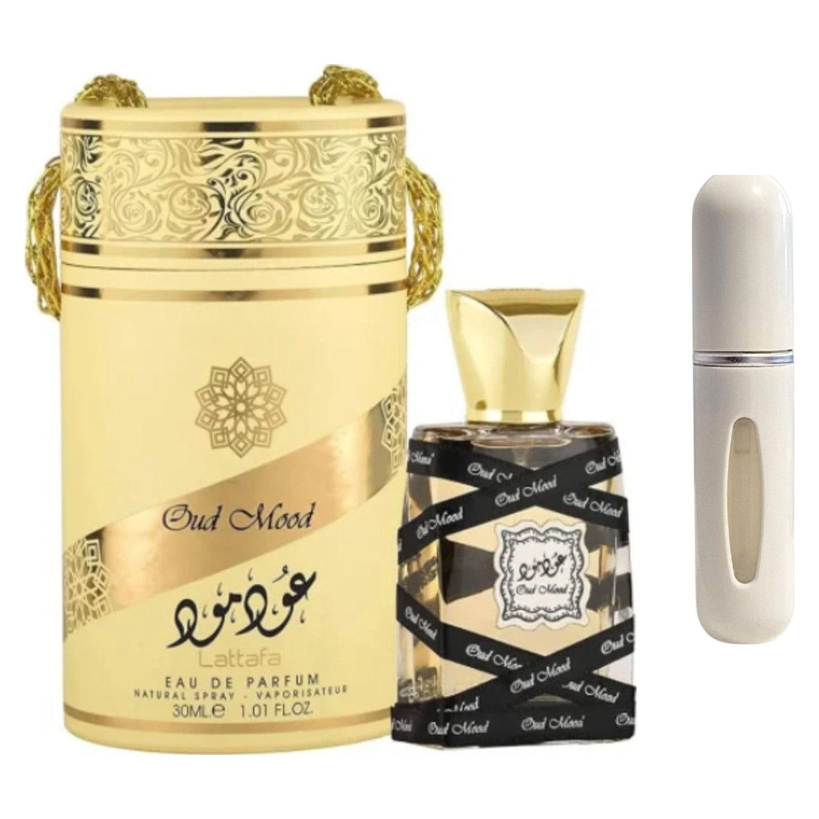 Lattafa Duft-Set Oud Mood EDP – Holzig Orientalisch + Parfümzerstäuber (leer)