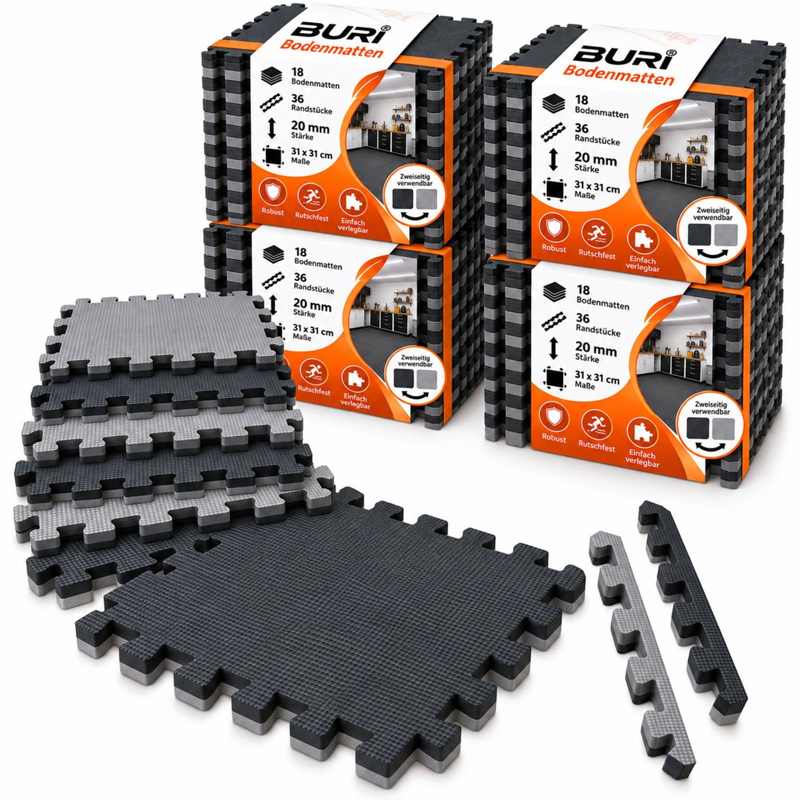 BURI Bodenschutzmatte Bodenschutzmatten 2cm 72er Set Fitnessboden 31x31cm Puzzle Wendematten, 72-St.