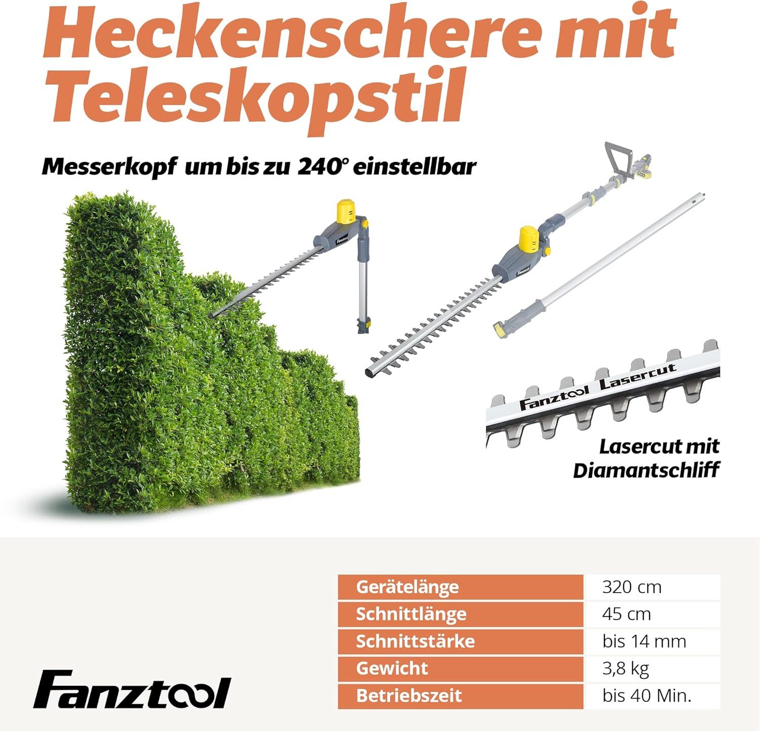 Fanztool Akku-Heckenschere Akku-Heckenschere mit extra Verlängerungsstange bis 5 m + 20V Akku, bis 4.5 m Arbeitshöhe