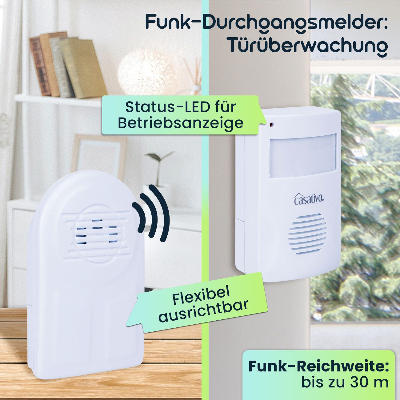 Casativo Bewegungsmelder Funk-Durchgangsmelder PIR-Sensor 8m Kabelloser Alarm-Bewegungsmelder, (1-St., 1er-Set & 2er-Set), 8m PIR-Sensor, 30m Reichweite & 3 Klingel-Optionen