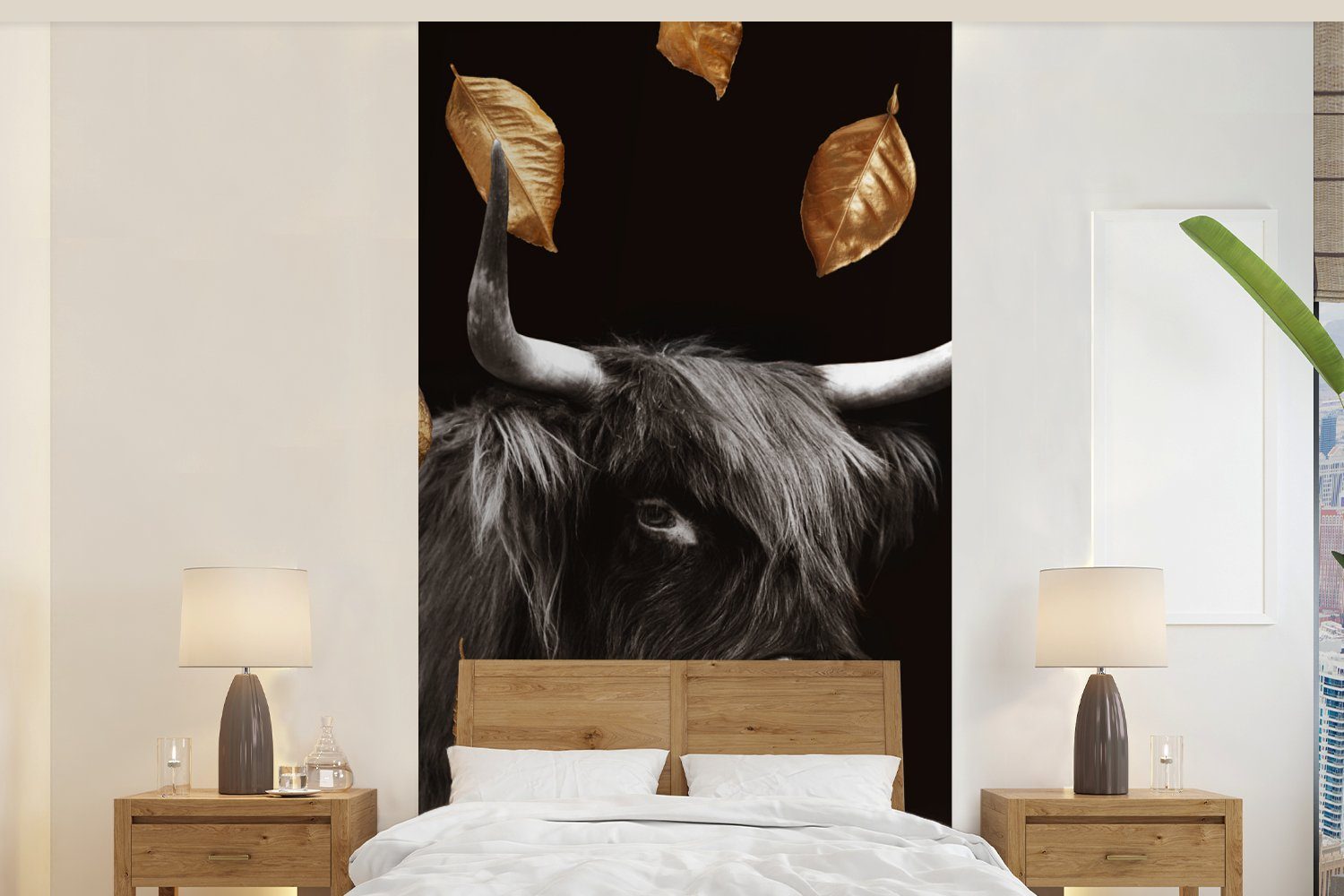 MuchoWow Fototapete Schottischer Highlander - Blätter - Gold - Schwarz, Matt, bedruckt, (2 St), Vliestapete für Wohnzimmer Schlafzimmer Küche, Fototapete