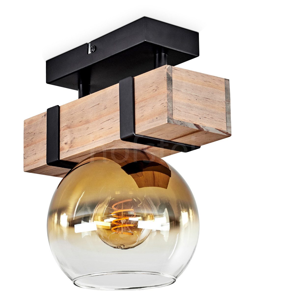 hofstein Deckenleuchte Deckenlampe aus Metall/Holz /Glas in Schwarz/Natur/Gold/Klar, ohne Leuchtmittel, Leuchte mit Glasschirm (15cm), 1xE27, ohne Leuchtmittel
