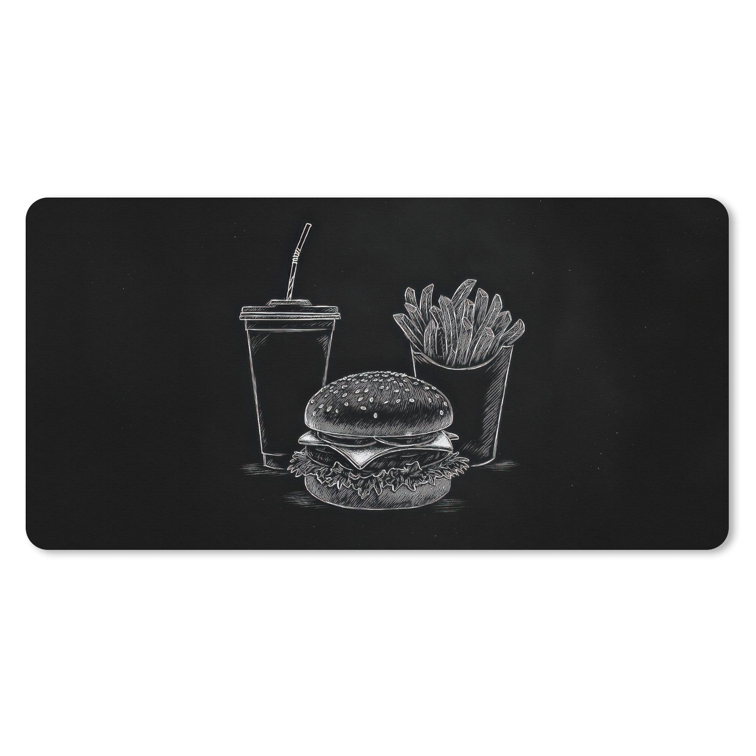MuchoWow Mauspad Hamburger - Pommes Frites - Softdrink - Kreidezeichnung (1-St), Mousepad mit Rutschfester Unterseite, Gaming XXL, Großes, 120x60 cm