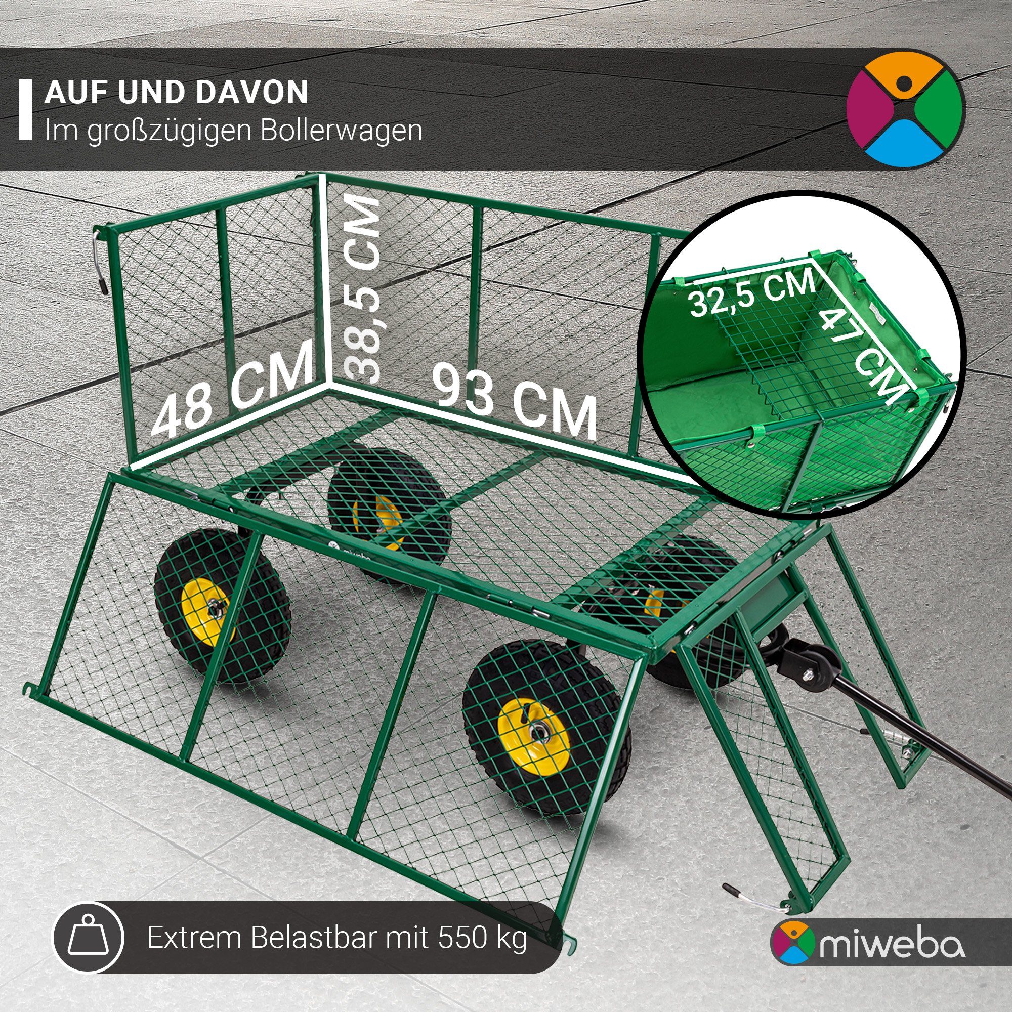 KG - Transportkarre Klappbare - Lenkachse, (deichselgeführte miweba MB-550 - Gartenkarre- 190 L Luftreifen, Bollerwagen 550 - Bordwände abnehmbar, Traglast Schubkarre - Grau/Schwarz Wände Gartenwagen Anhängerfunktion, Volumen 1-tlg., Transportwagen klapp- Gartenwagen und Kippbar),