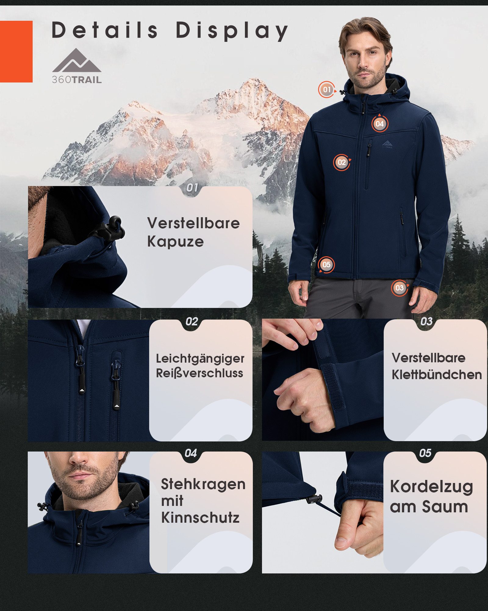 360Trail Outdoorjacke Softshelljacke Skayra wasserdichte winddichte Herren Übergangsjacke Microfleece-Innenfutter, atmungsaktiv, wasserdicht – Bild 4 von 5