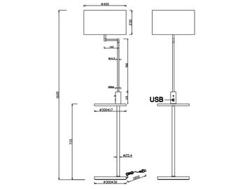 meineWunschleuchte LED Stehlampe, mit USB Anschluss mit Ladefunktion, LED wechselbar, Warmweiß, ausgefallene moderne Lampenschirm-e Stoff mit Ablage-Tisch, Höhe 160cm