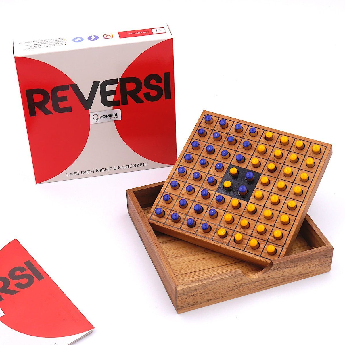 ROMBOL Denkspiele Spiel, Brettspiel Reversi – Interessantes Strategiespiel für 2 Personen aus edlem Holz, Holzspiel gelb/blau