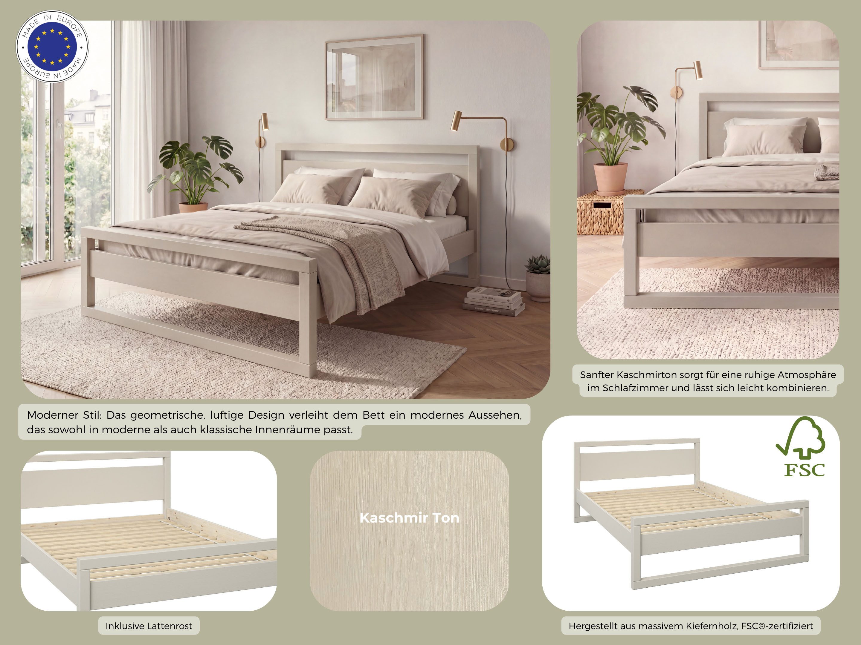 OTTO home Massivholzbett Wellow, Kaschmir-Beige-Beige, Kiefer, inklusive Lattenrost (Liegefläche 140x200 cm), nordisch-modern, bis 180 kg belastbar, FSC® & Made – Bild 4 von 5