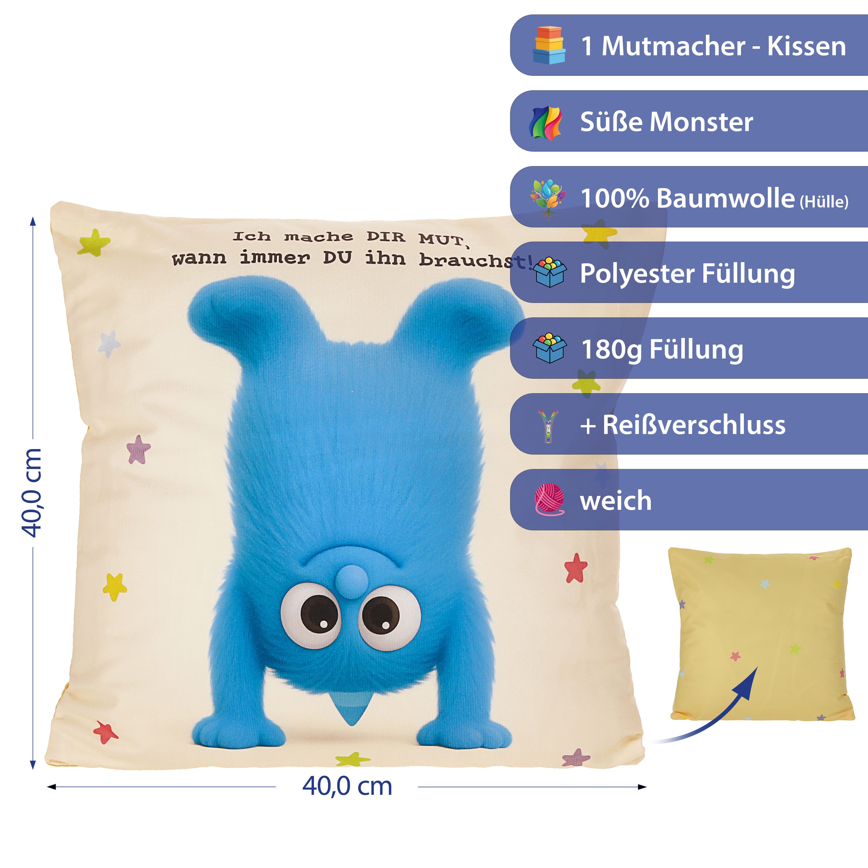 CEPEWA Dekokissen Kissen Mutmacher gelb 40x40cm Baumwolle PES-Füllung180g Reißverschluss – Bild 2 von 5