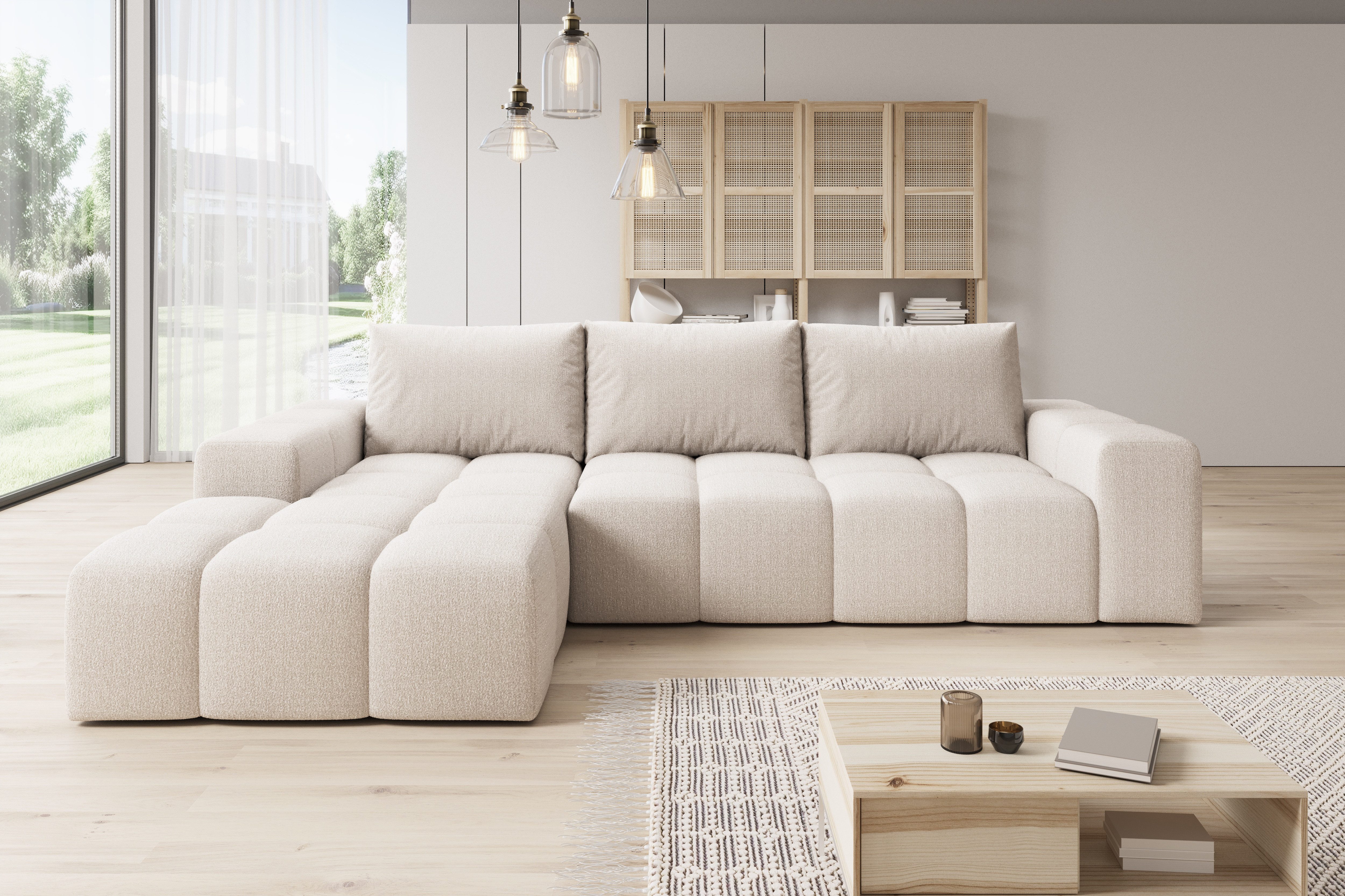 PROMETO Möbel Ecksofa Cento Couch L-Form,Sofa Links/Rechts Teddy-Bouclé-Stoff oder Webstoff