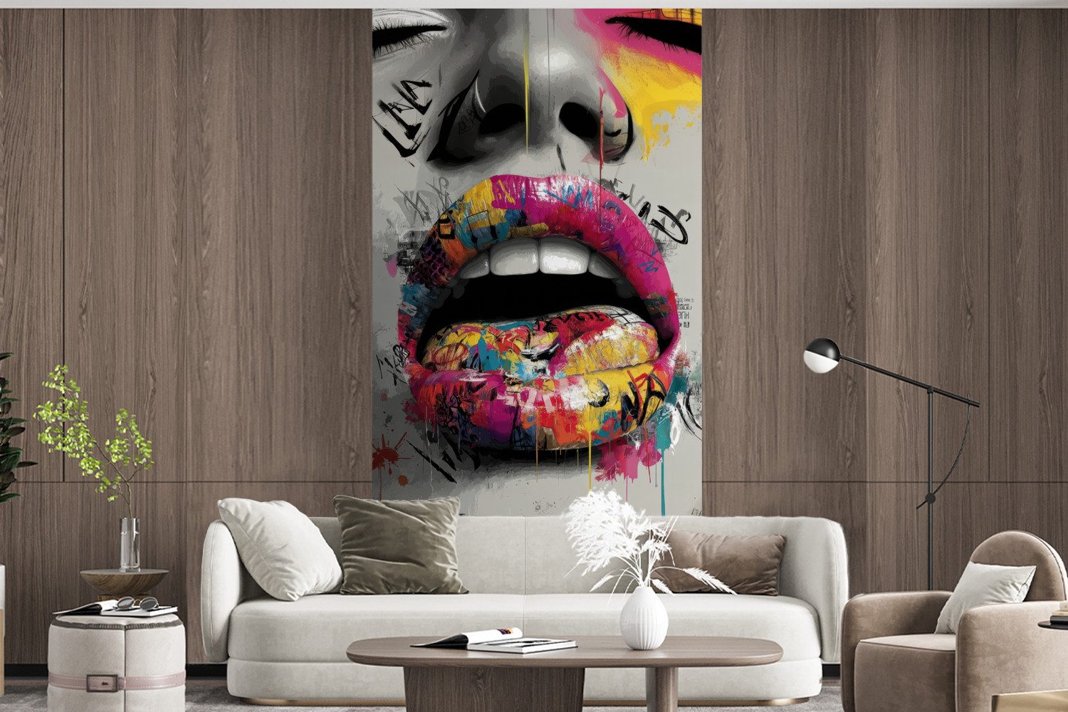MuchoWow Fototapete Lippen - Graffiti - Ausdrucksstark, Matt, bedruckt, Vliestapete für Wohnzimmer Schlafzimmer Küche, Fototapete, 120x240 cm – Bild 5 von 5