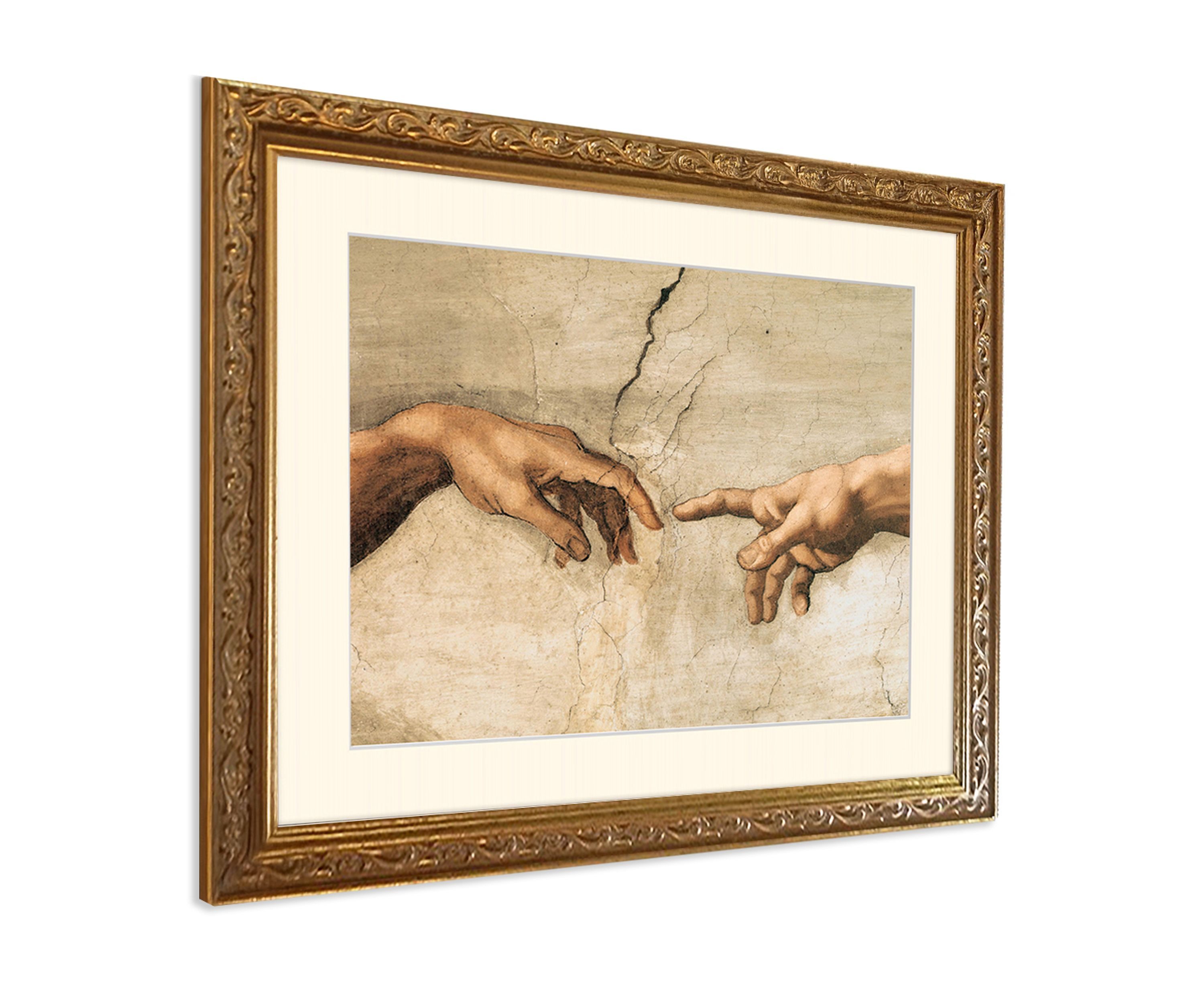 artissimo Bild mit Rahmen Wandbild gerahmt 63x53 cm Kunstdruck mit Passepartout & Barock-Rahmen, Michelangelo: La Creatione die Adamo - Hands