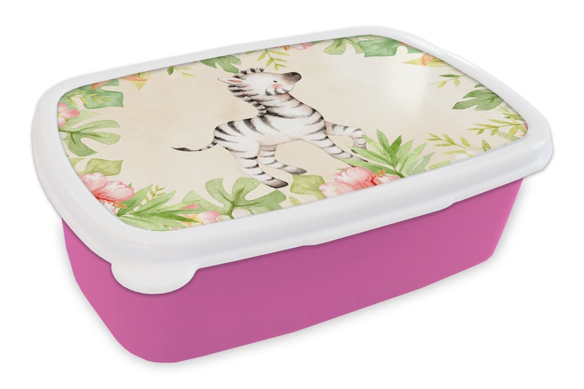 Mädchen, Kunststoff - Lunchbox Kinder, für Snackbox, Zebra Erwachsene, rosa Aquarell, (2-tlg), Dschungel MuchoWow Brotdose - Kunststoff, Brotbox