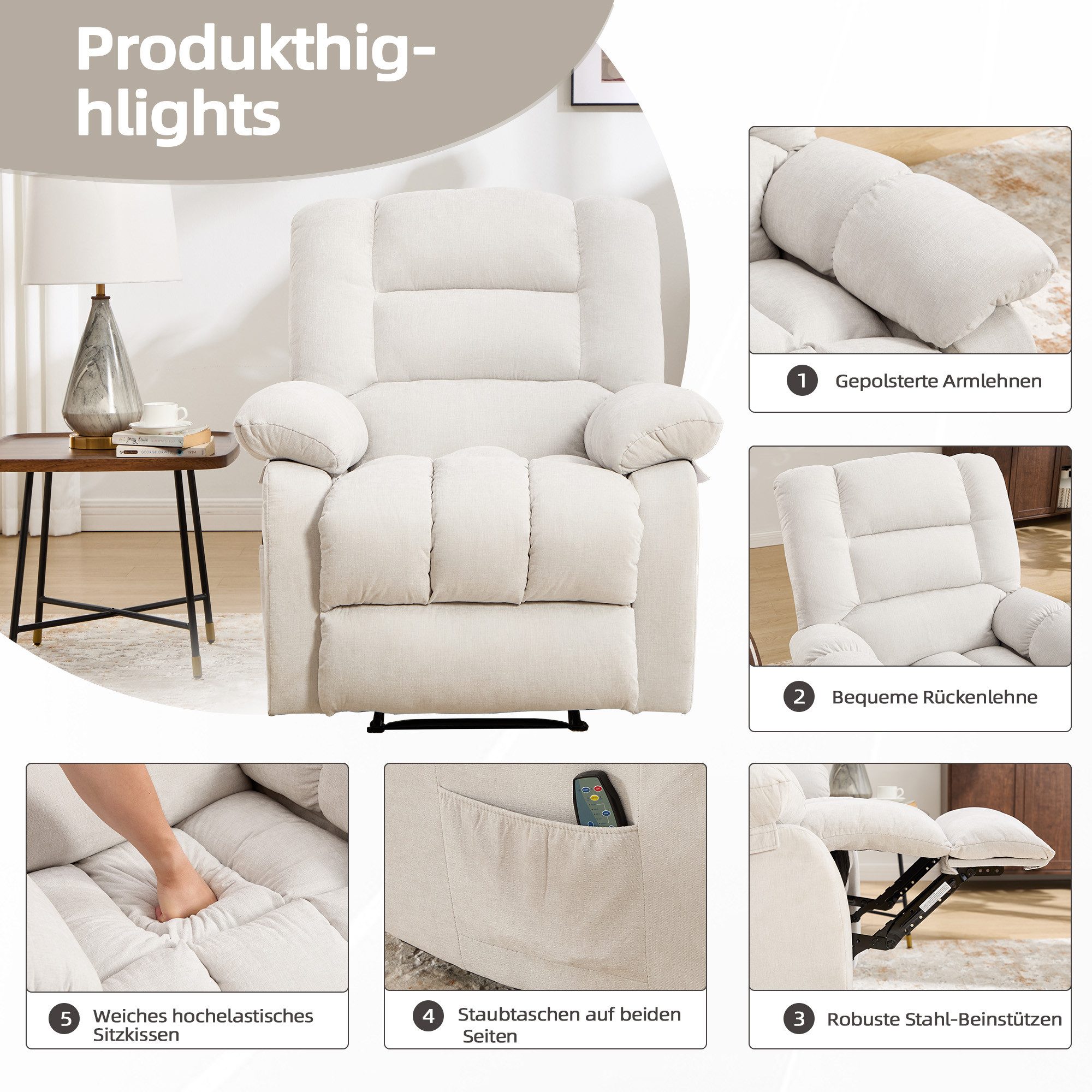 Bonzy Home Massagesessel Relaxsessel mit Massage und Wärmefunktion, verstellbarer Fernsehsessel, Extra breite gepolsterte Armlehnen & praktische Seitentasche – Bild 3 von 5