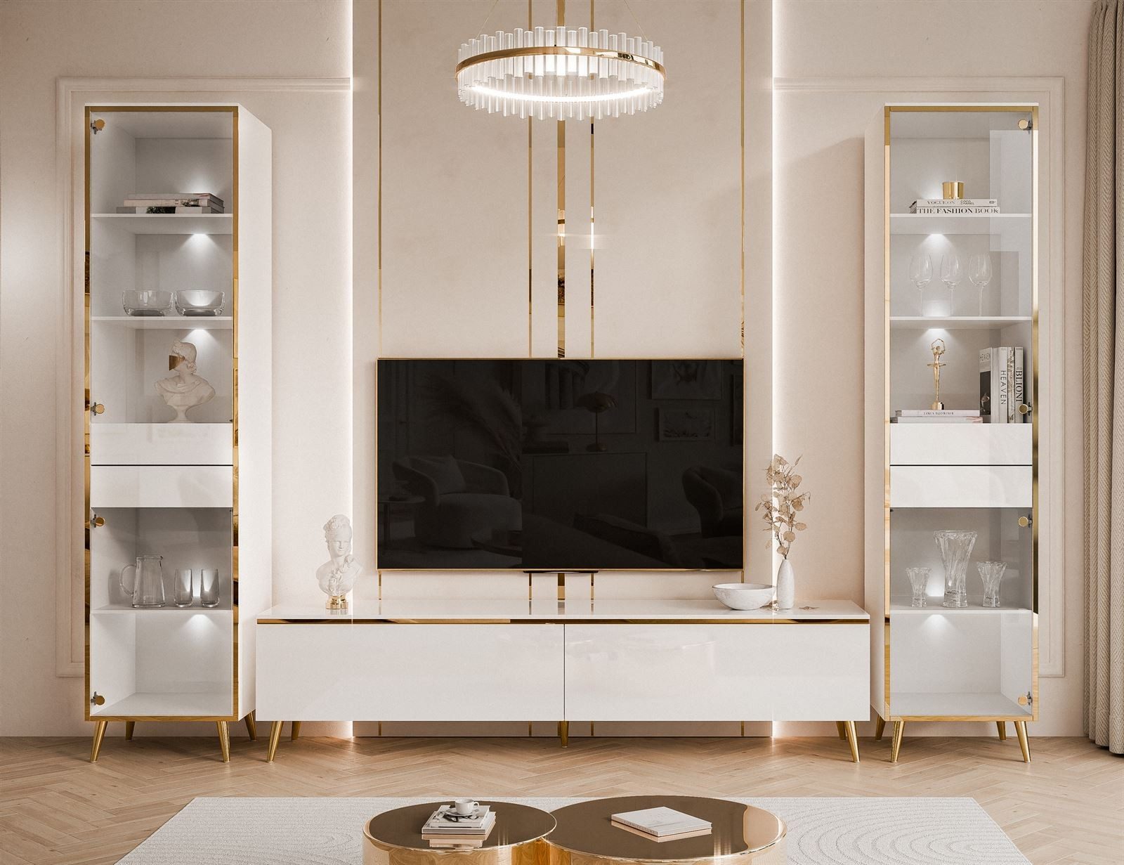 ALLHOUSE24 Wohnzimmer-Set Möbelset PEONY GOLD mit LED weiß Hochglanz Glasvitrine TV Schrank, (1x TV Schrank, 2 x Vitrinen), Fronten in Hochglanz, LED Beleuchtun – Bild 3 von 5