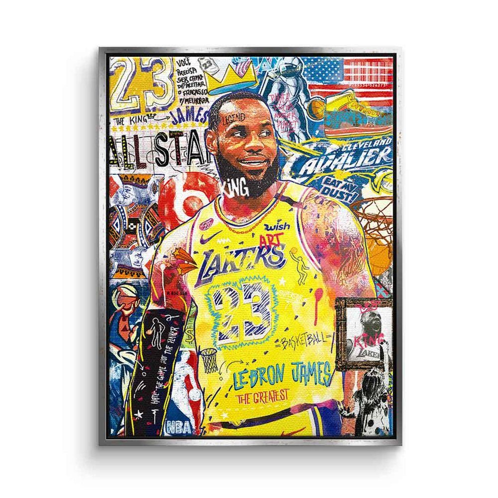DOTCOMCANVAS® Leinwandbild, LeBron James Leinwandbild Lakers Basketball Pop Art Collage Porträt silberner Rahmen
