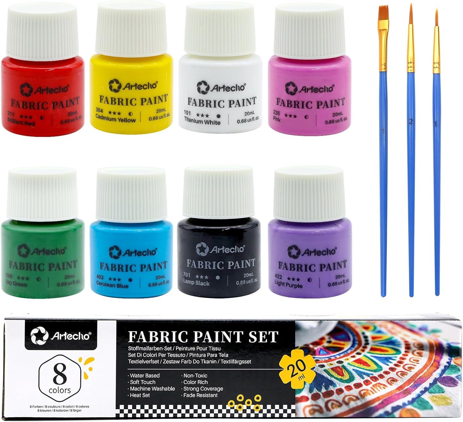Artecho Textilfarbe Set mit 3 Pinseln – 8 x 20 ml Permanente Stoffmalfarben, Ideal für DIY-Mode, Stoffdesigns und individuelle Kreativprojekte