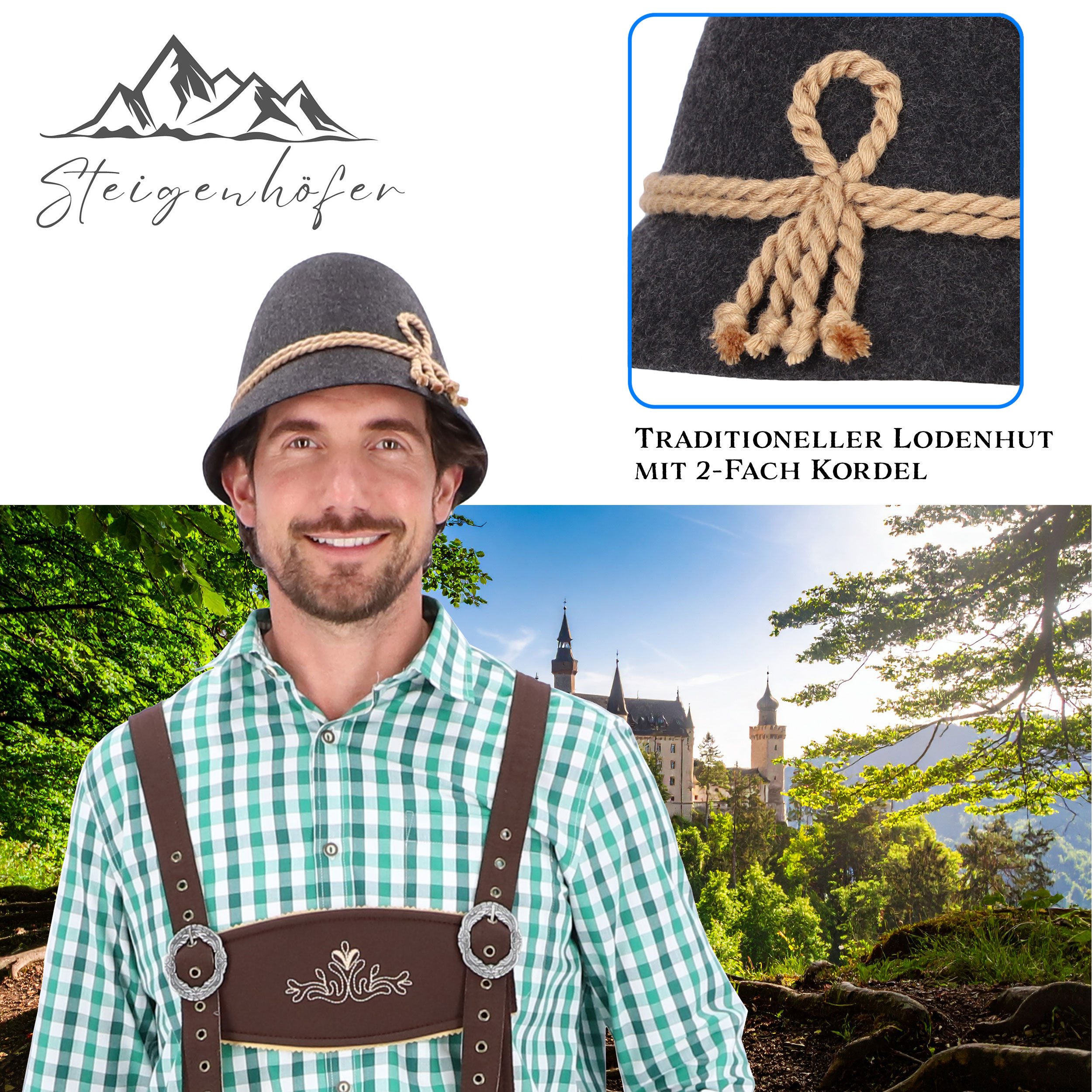 Steigenhöfer Manufaktur Trachtenhut Herren Heinrich - bayrischer Wanderhut Stopselhut aus 100% Schurwolle Schmale Krempe & Kordel - 2-Fach Kordel - Ideal fürs Oktoberfest