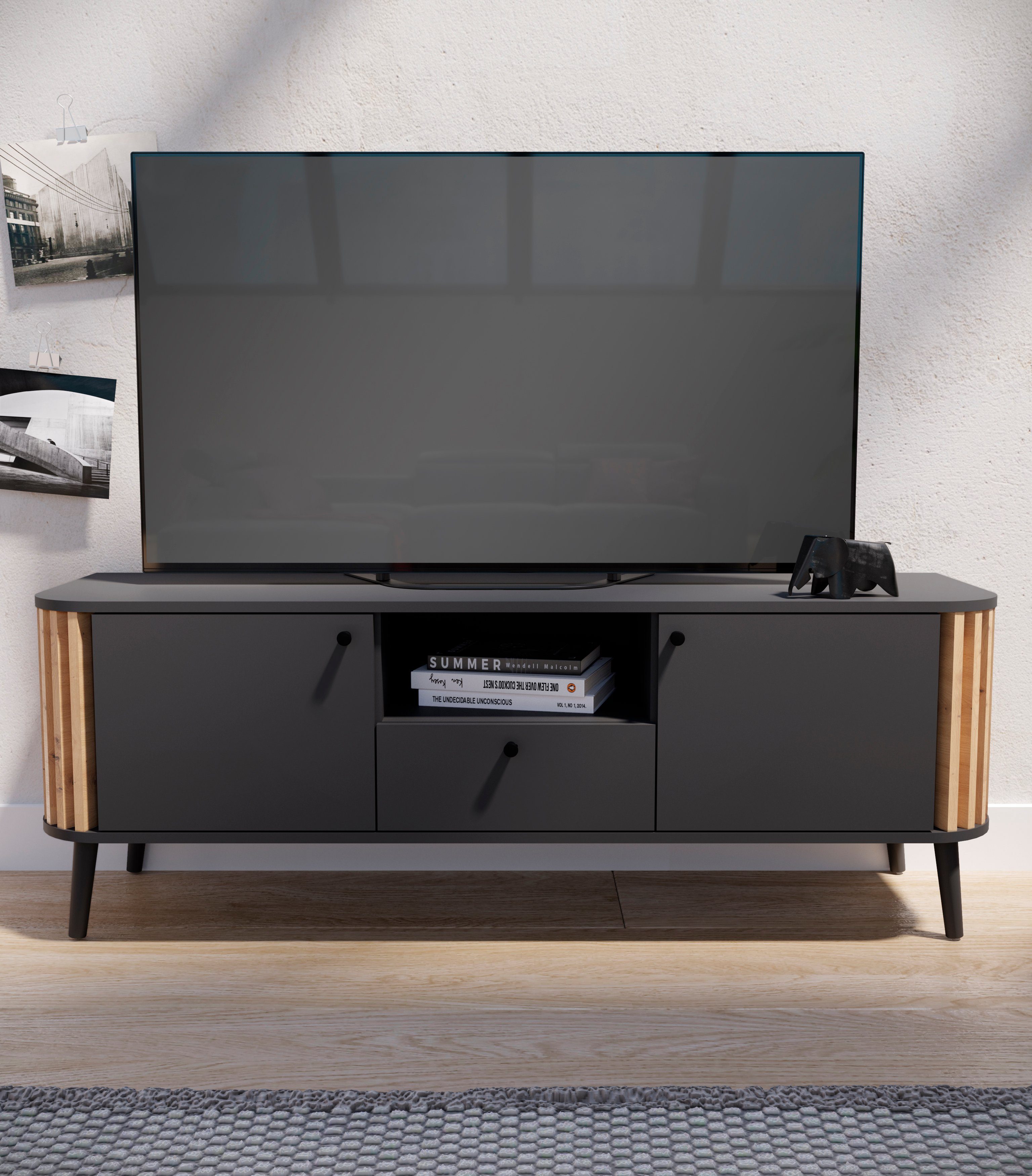 Lowboard Stavanger, Breite 138cm, Paneel-Stäbchen-Optik, 1 Schubkasten, 2 Türen