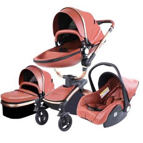 TPFLiving Kombi-Kinderwagen Babyschale Baby, Buggy Babywanne Kinderwagen 3 in 1 inkl. Stauraum Kunstleder Braun