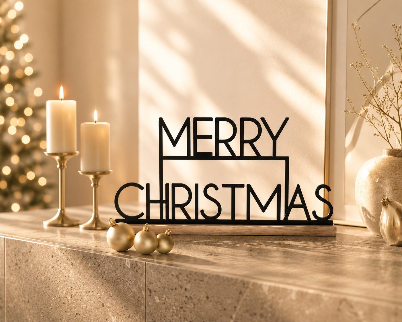 Ginger Ray Weihnachtsfigur Merry Christmas Aufsteller Schwarz aus Metall und Holz 35,5 cm