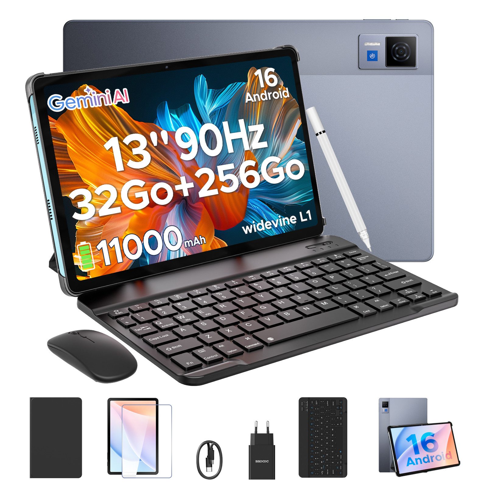 DOOGEE U13 Android 16 Tablet mit tastatur und Stift, 13 Zoll, 256GB, 11000mAh Tablet (13", Android 16, 90Hz, 13MP+8MP, 7,8mm dünn, WiFi5, GPS, GeminiAl)