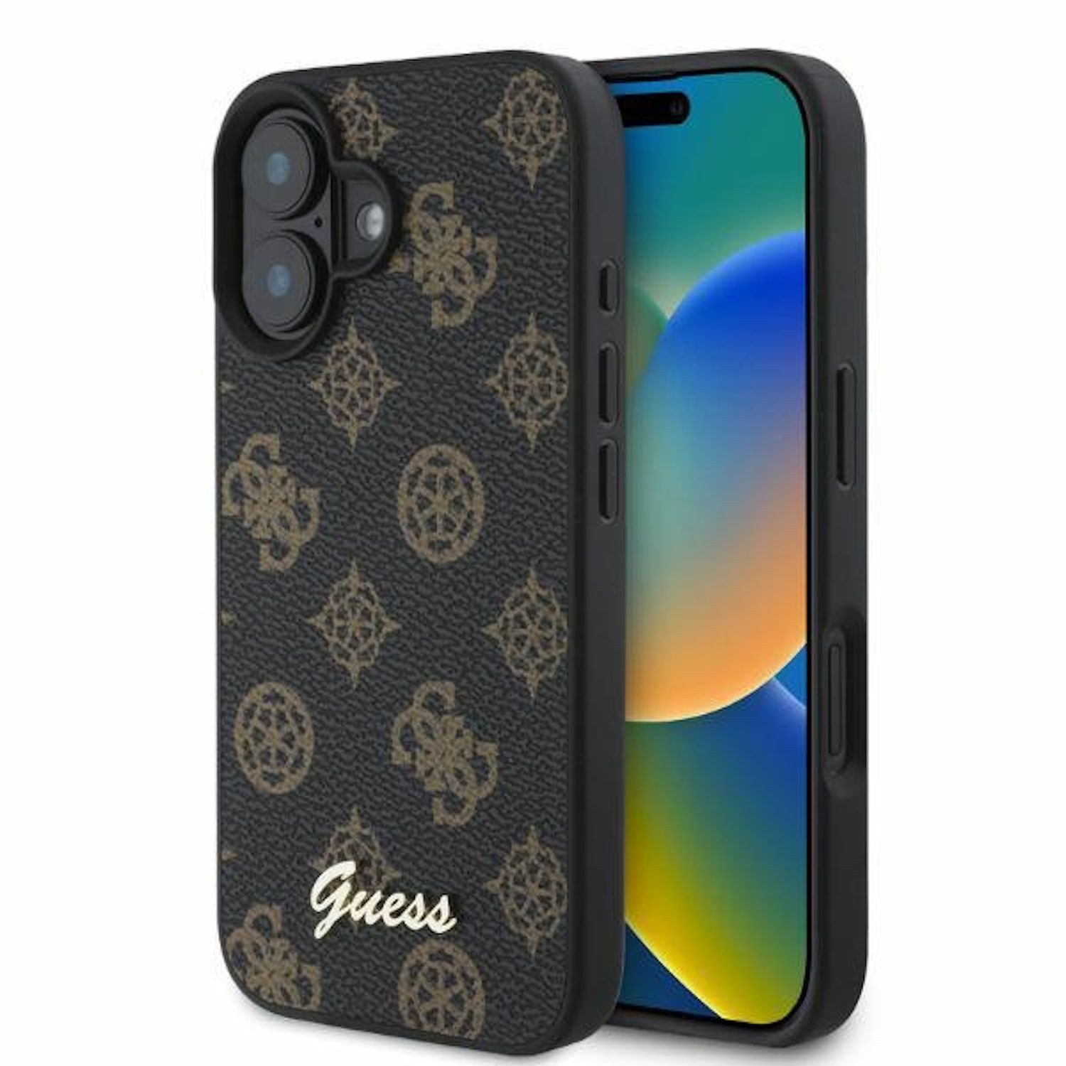 Guess Smartphone-Hülle GUESS Apple iPhone 16 Hardcase Peony Script Design MagSafe Schwarz
