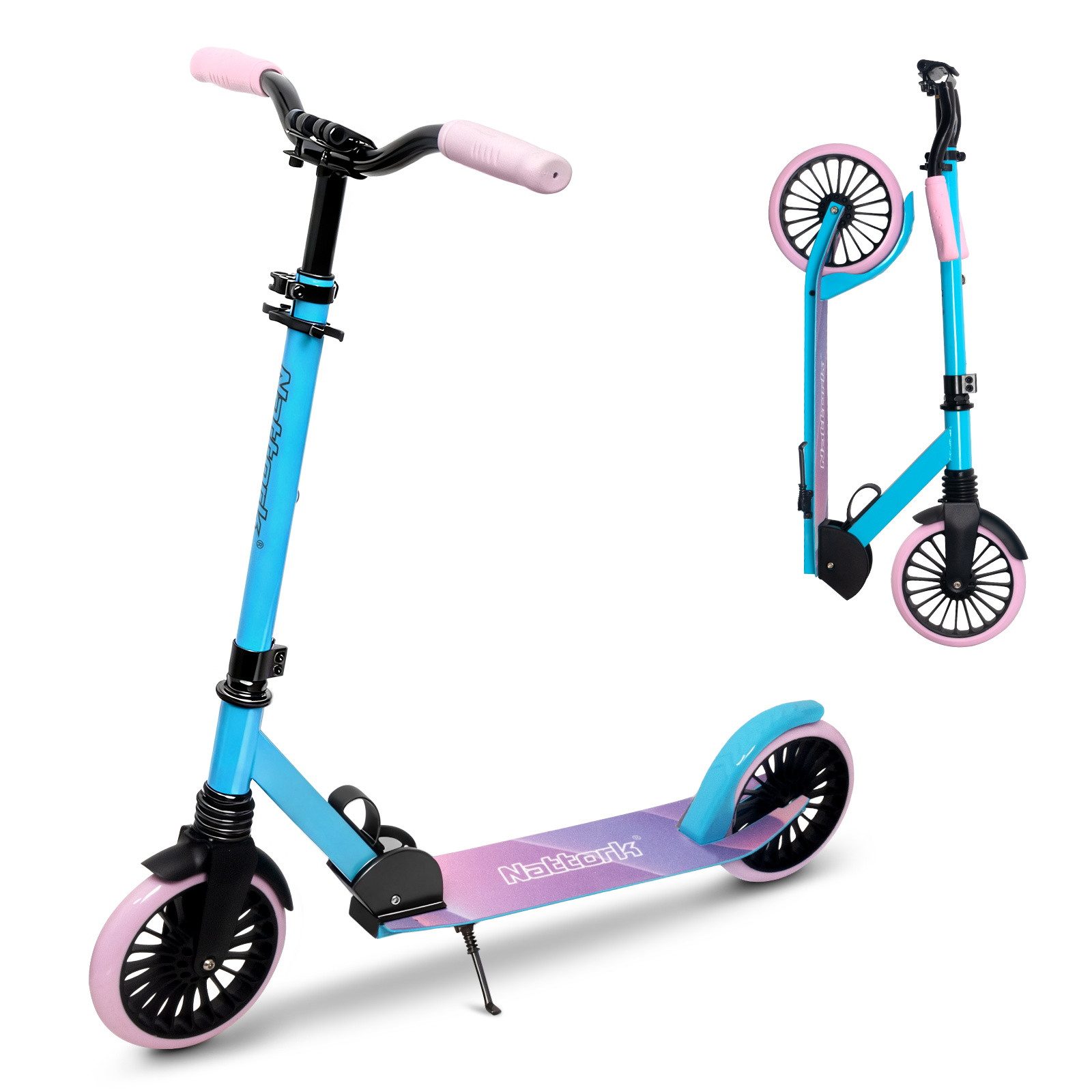 Nattork Scooter für Erwachsene, verstellbare Höhe 81-96cm, klappbar, (1 tlg), Faltbarer Tretroller mit 8" großen Rädern, Anti-Erschütterungsfederung