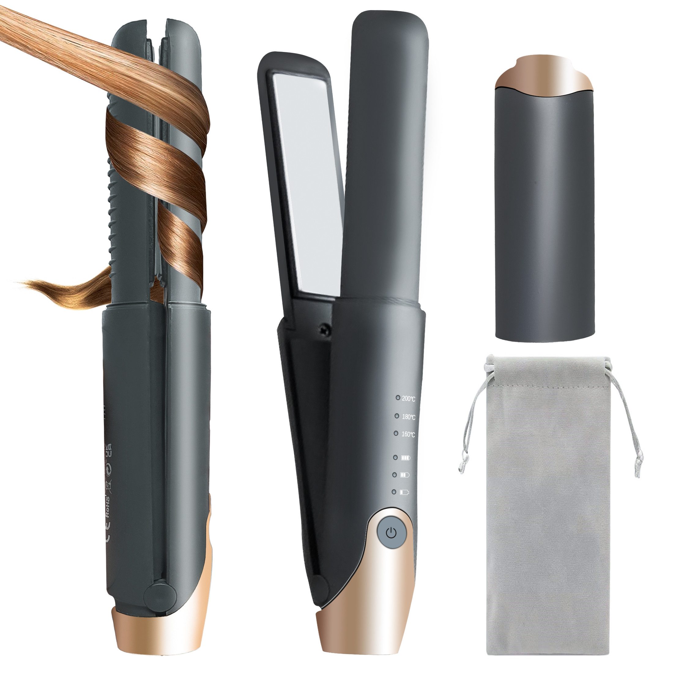 Luckice Mini-Reiseglätteisen Kabelloser Haarglätter, 2 in 1 Haarglätter und Lockenwickler Keramikbeschichtung, 3000mAh, Mini Tragbarer Reise Haarglätter,Akku, 3 Temperaturstufen und Schnellheizung, für alle Haartypen geeignet