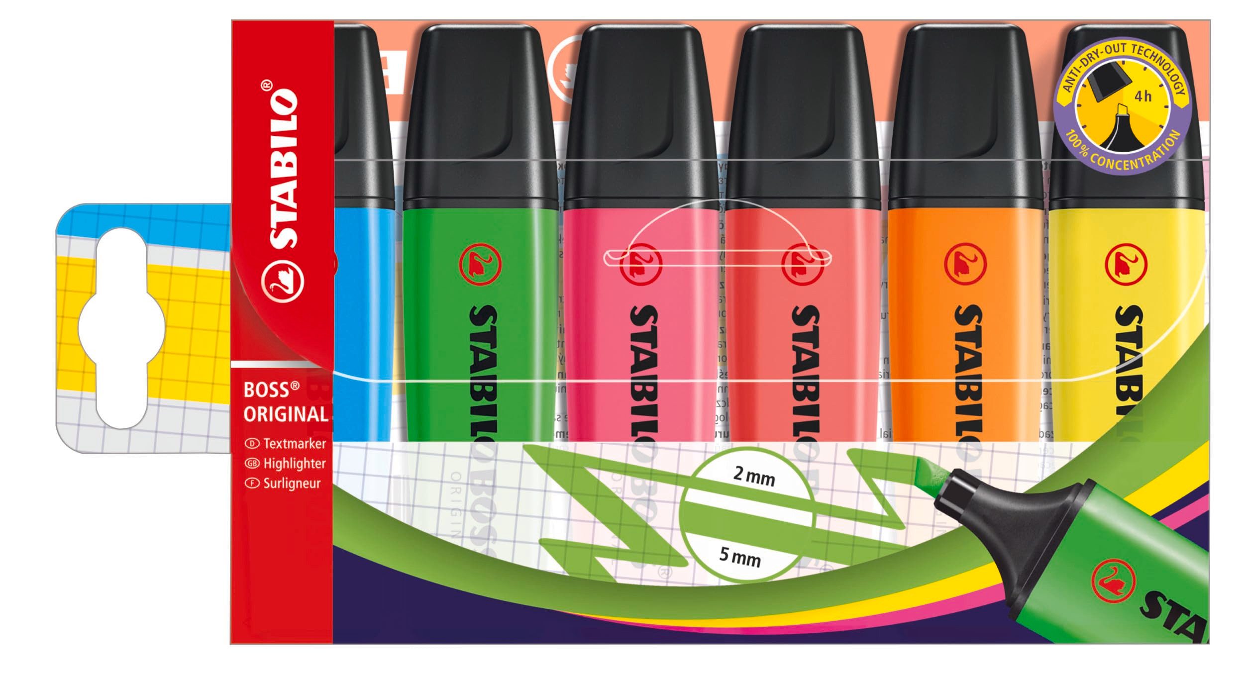 STABILO Filzstift Textmarker 6er Pack mit 6 verschiedenen Farben, STABILO BOSS ORIGINAL
