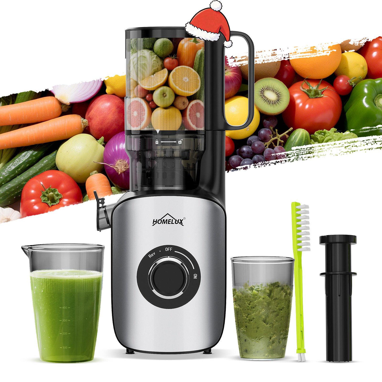 HOMELUX Entsafter Slow Juicer 126MM Öffnung für Ganze Gemüse Früchte mit 2 Tassen Bürste, 220 W, BPA-Frei, Hohe Saftausbeute, Erhalt der Nährstoffe