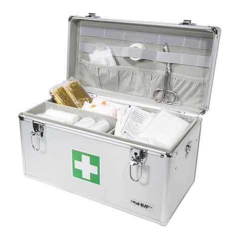 HMF Erste-Hilfe-Koffer Alu Medizinkoffer Arztkoffer für Erstversorgung, Erste-Hilfe-Koffer, mit Tragegriff und Schultergurt, 40 x 22,5 x 20,5 cm, silber