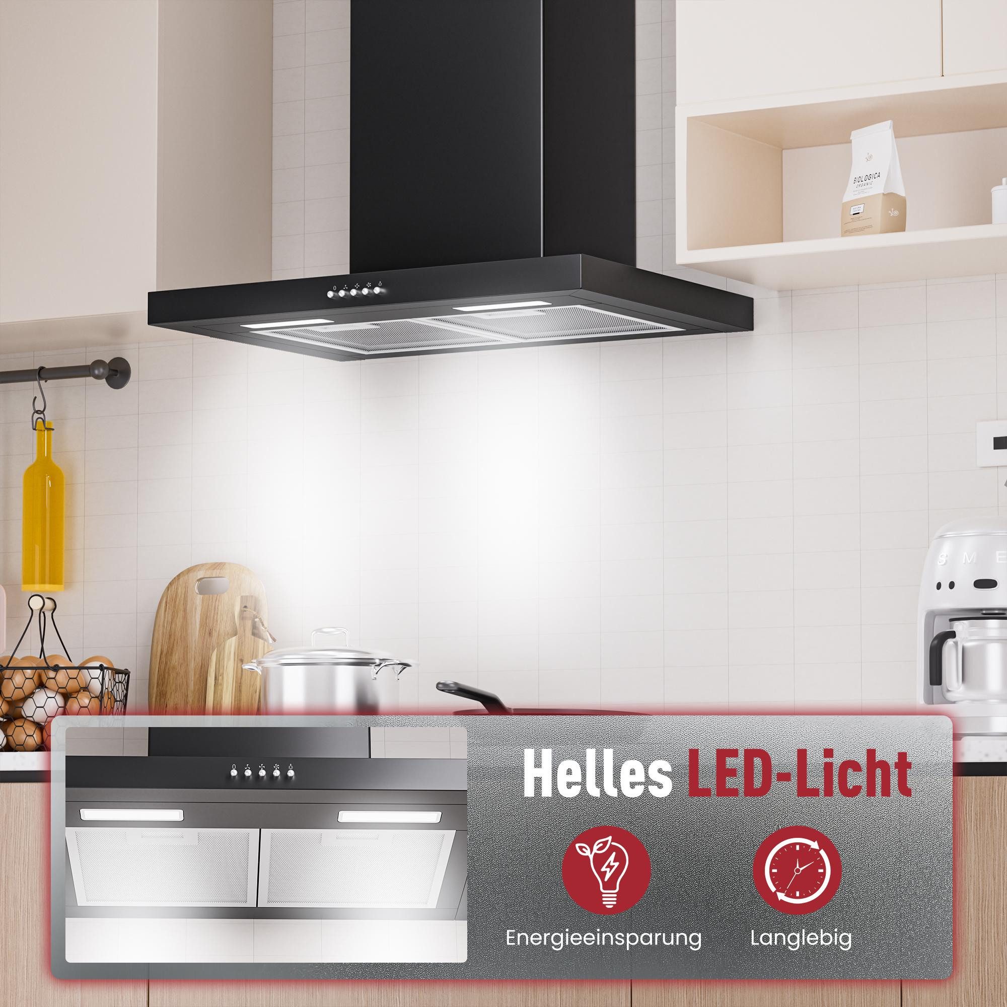 Levivo Wandhaube A++ Dunstabzugshaube 60cm Umluft & Abluft mit 380 m³/h Aktivkohlefiltern, Fettfiltern, LED-Beleuchtung – Bild 4 von 5
