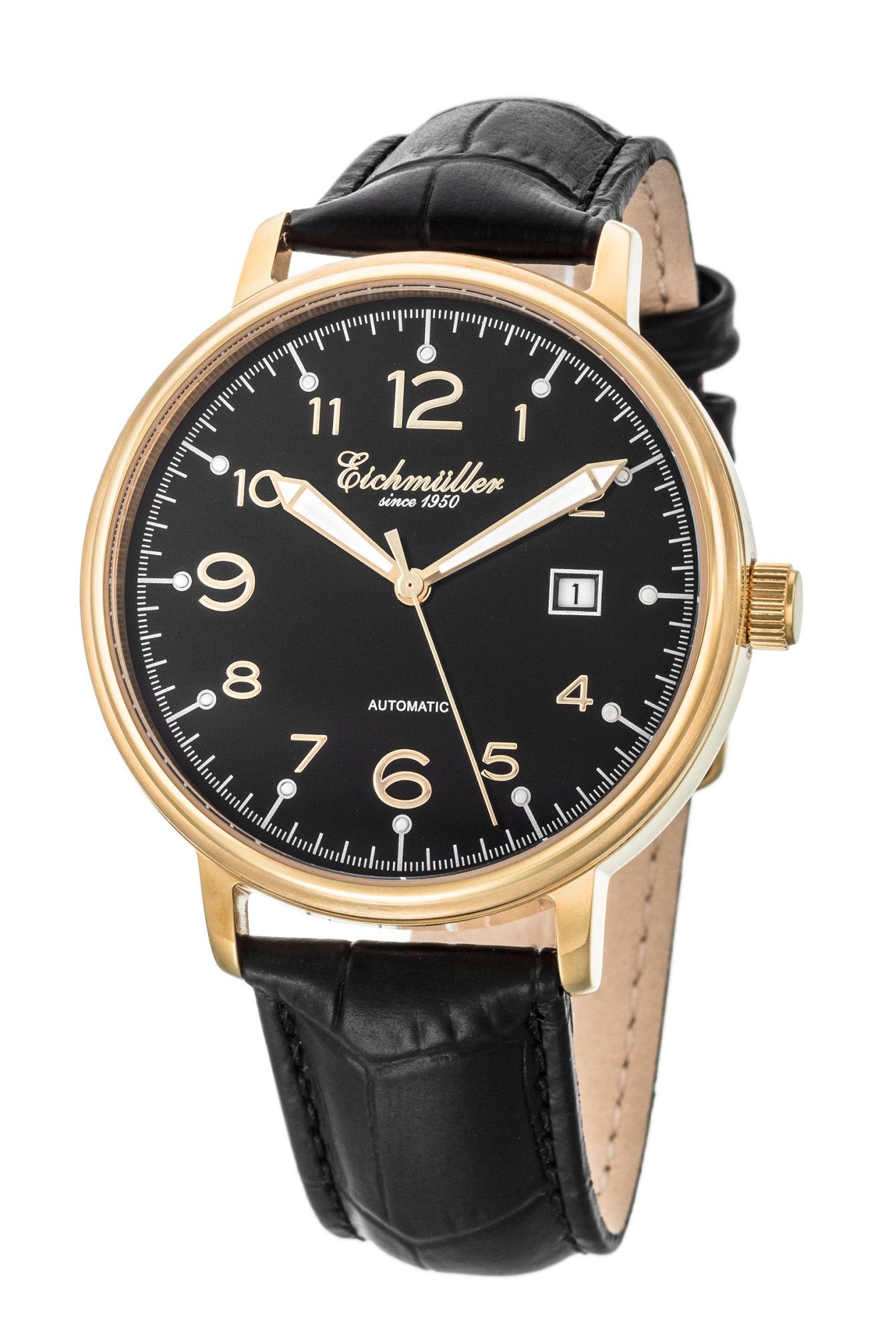 Eichmüller Automatikuhr RE7019 IP-Vergoldet Herrenuhr Schwarz Lederband 42 mm