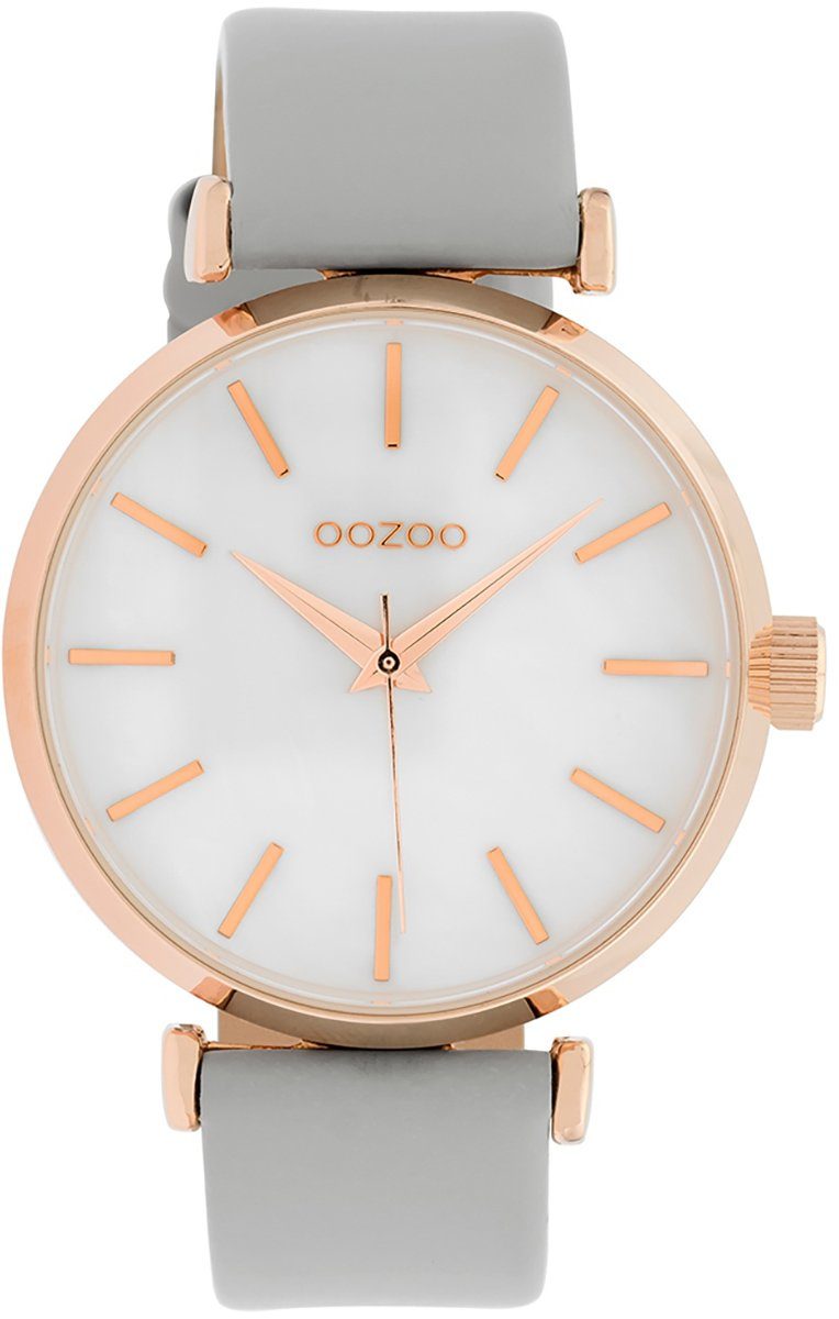 OOZOO Quarzuhr Oozoo Damen Armbanduhr, Damenuhr rund, groß (ca. 40mm), Lederarmband hellgrau, Fashion