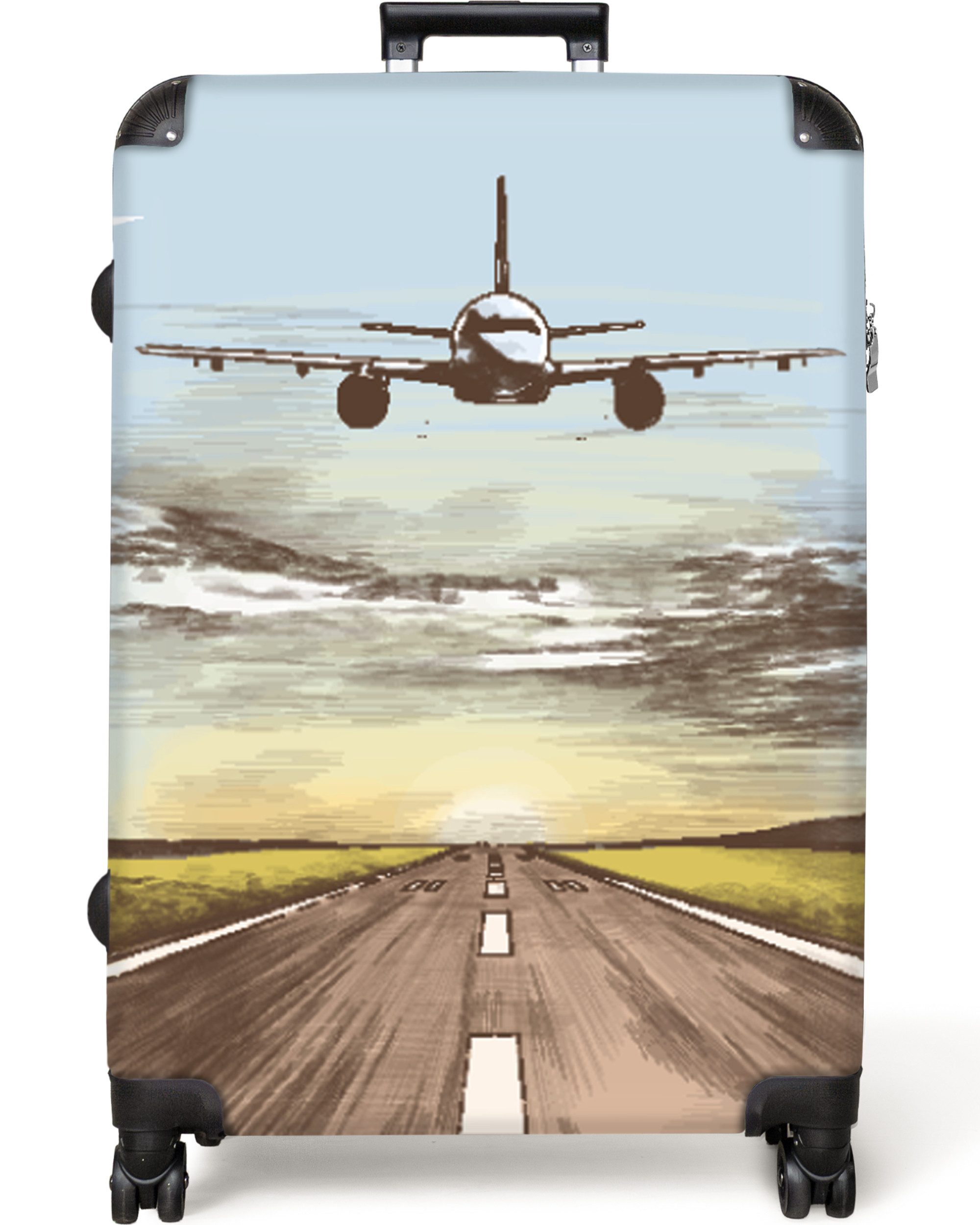 NoBoringSuitcases.com© Hartschalen-Trolley Flugzeug - Flughafen - Sonnenuntergang - Vintage 77 cm - 98 L, 8 Rollen, Koffer Groß für 30kg, Trolley, Rollkoffer, Reisekoffer