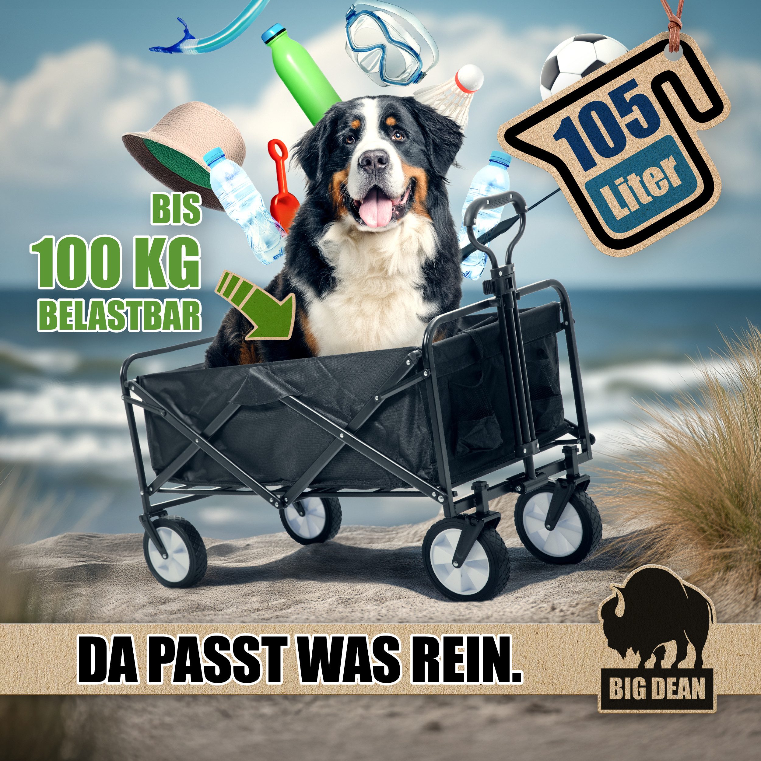 BigDean Bollerwagen Bollerwagen faltbar 100kg belastbar 105L robuster Bollerwagen (Stück, 1-tlg., Bollerwagen), Schiebegriff, Dachaufbau, 2 Feststellbremsen – Bild 2 von 5