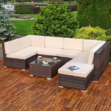 Feel2Home Gartenlounge-Set Gartensitzgruppe Terrassenmöbel Polyrattan Lounge versch. Farben, (8-tlg., 1x Mehrteiliger Sofa 1x Ottomane 1x Tisch), Kissen inkl. Reißverschluss daher abnehm- und waschbar