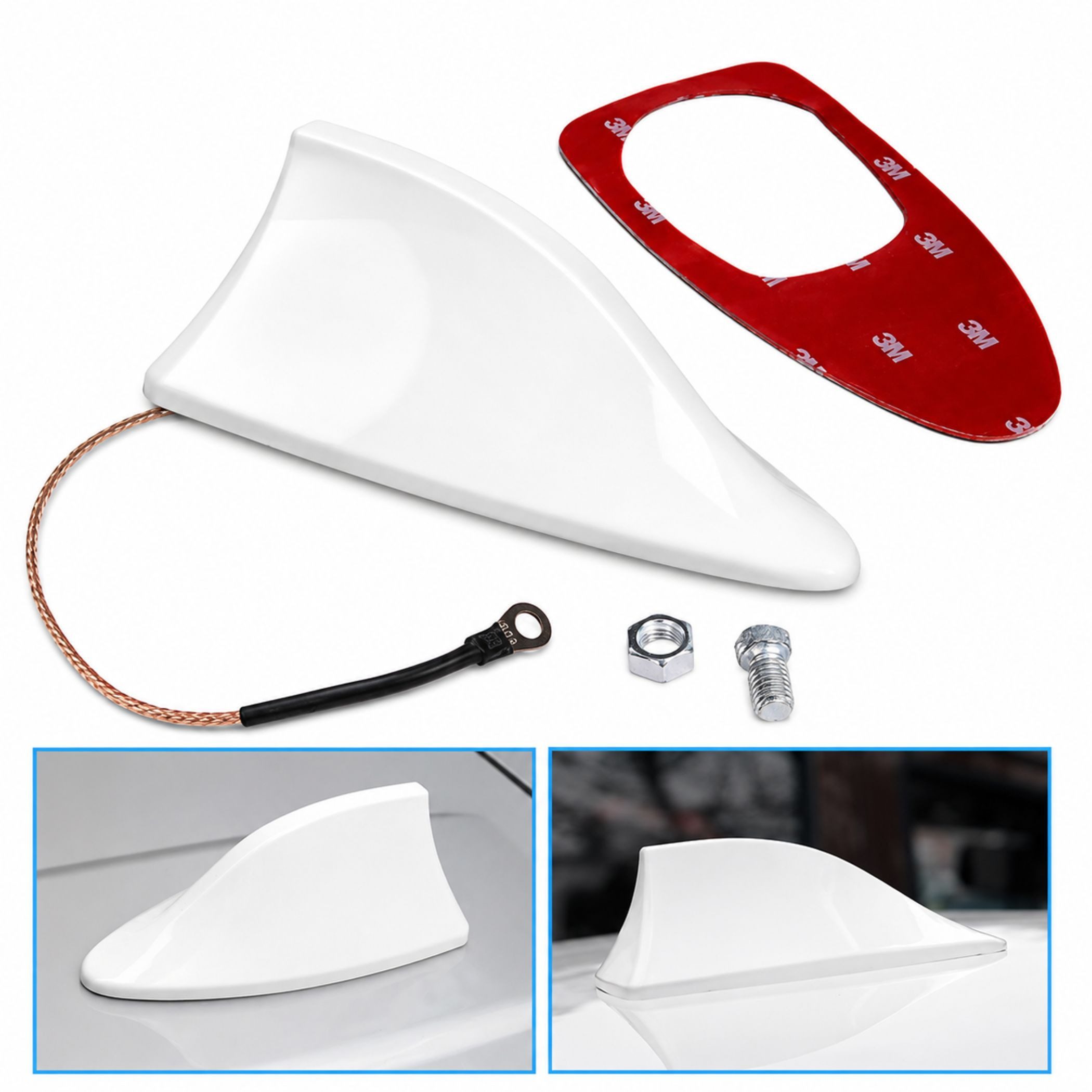 Bolwins A65C Universal Shark Fin Auto Dachantenne AM/FM selbstklebend weiß Dachantenne (AM & FM Signal, für Innenbereich & außenbereich, Verstärkung: 5 dB), AM & FM Radioempfang, Shark-Fin-Design, selbstklebende Montage