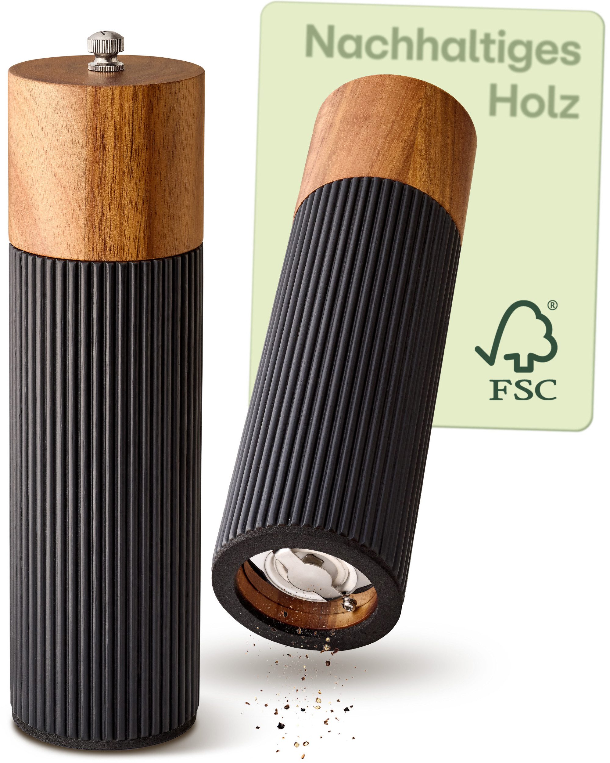 Praknu Salz- / Pfefferstreuer Salz & Pfeffermühle Set Akazien Holz – Edles Design & Keramikmahlwerk, (2er Set, 2-tlg), FSC-zertifiziert, Keramikmahlwerk, Stufenlos einstellbar, Langlebig