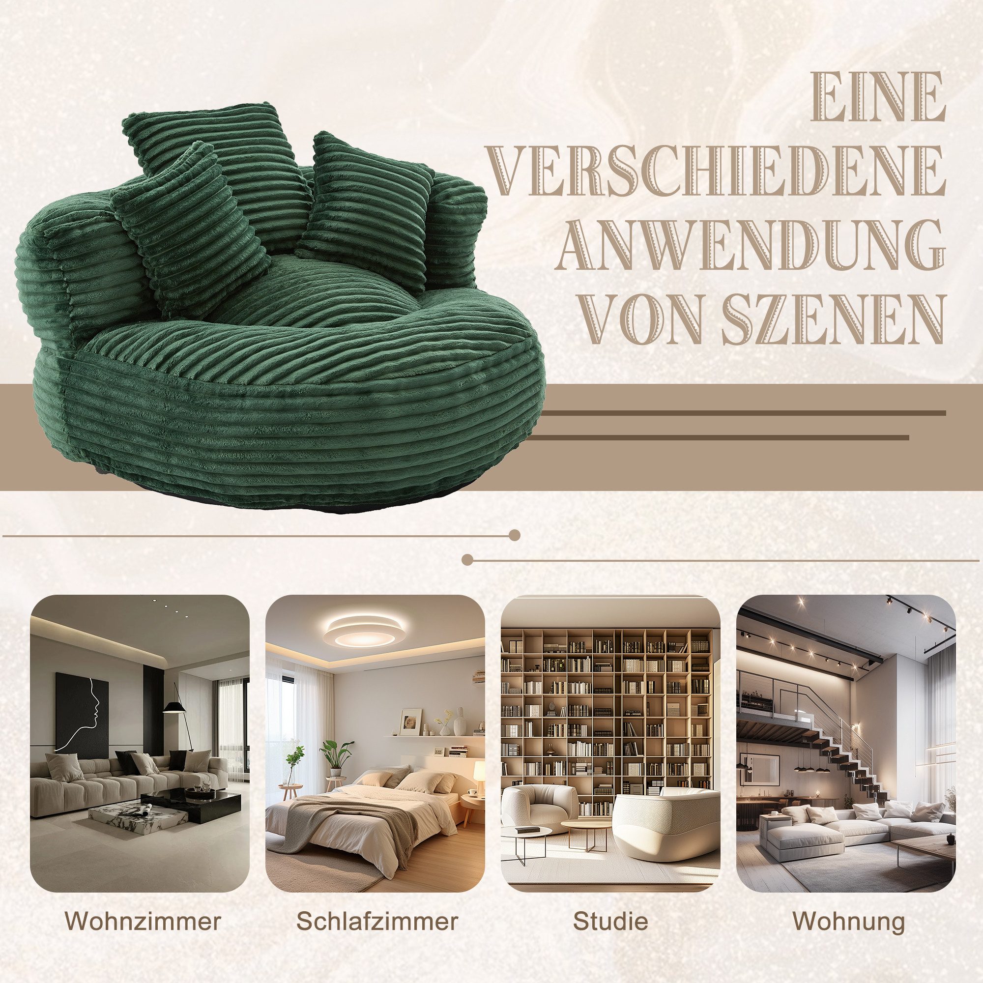 Celya Sitzsack Lazy Sofa Gaming Sofa Stuhl mit drei Kissen,hoch Rücken Cordstoff-Sofa (1 Sitzsack, 3 Kissen), Couch fur Erwachsene und Kinder,fur Schlafzimmer und Büro,Grau