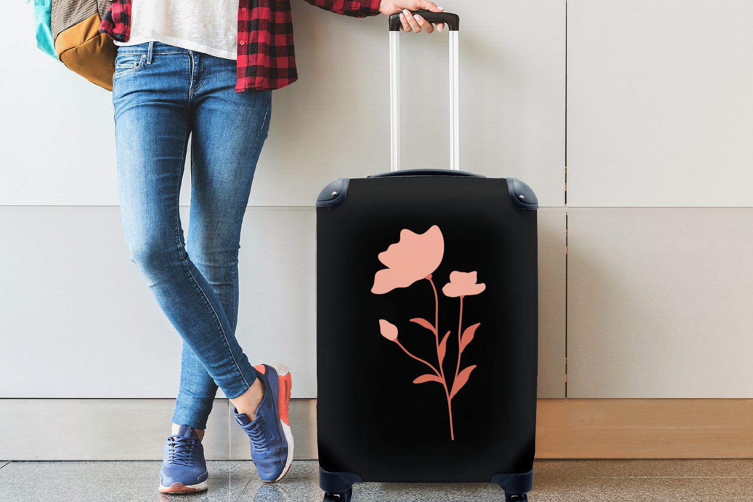 für auf Handgepäck rosa einer Trolley, Reisekoffer 4 Illustration Handgepäckkoffer Ferien, mit MuchoWow Reisetasche Blume rollen, Rollen, schwarzem Hintergrund,