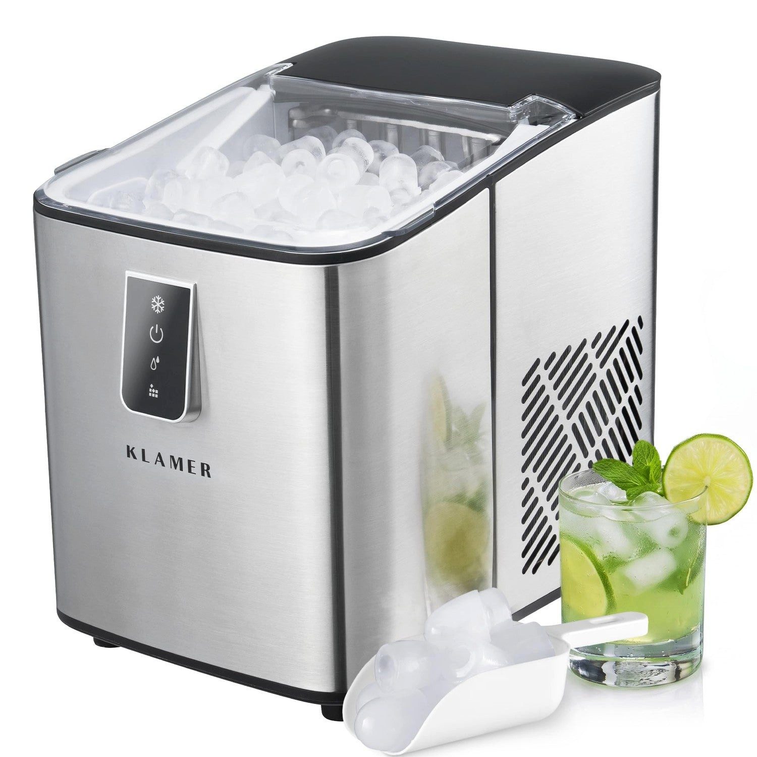 KLAMER Eiswürfelmaschine Edelstahl, 12 kg/24h, 8 Würfel in 8 Min, 1L, Schnelle Eisproduktion, Geräuscharmer Kompressor, 1L Wassertank