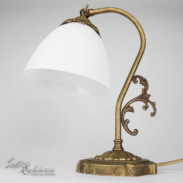 Licht-Erlebnisse Nachttischlampe BEATRICE ohne Leuchtmittel Schlafzimmerleuchte Messing massig Bronze Weiß H:30cm E14 Premium