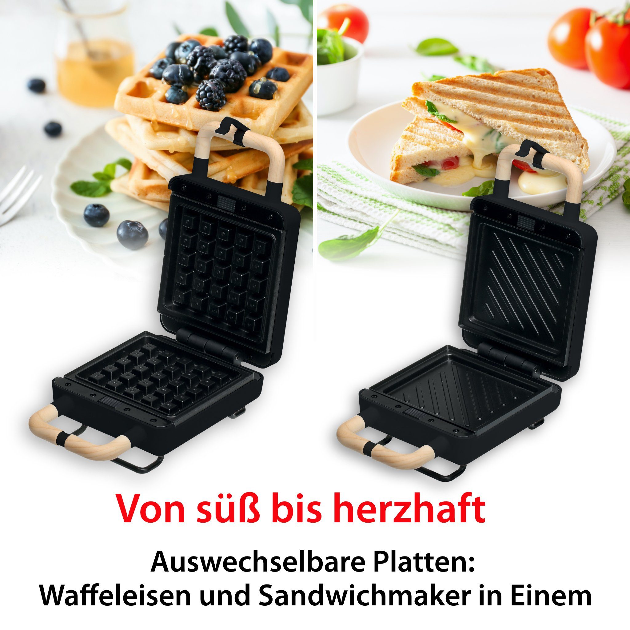 ADE 2-in-1-Kombi-Waffeleisen KG2138, 600 W, Wechselplatten für Belgische Waffeln, XL-Sandwiches, gebratene Eier