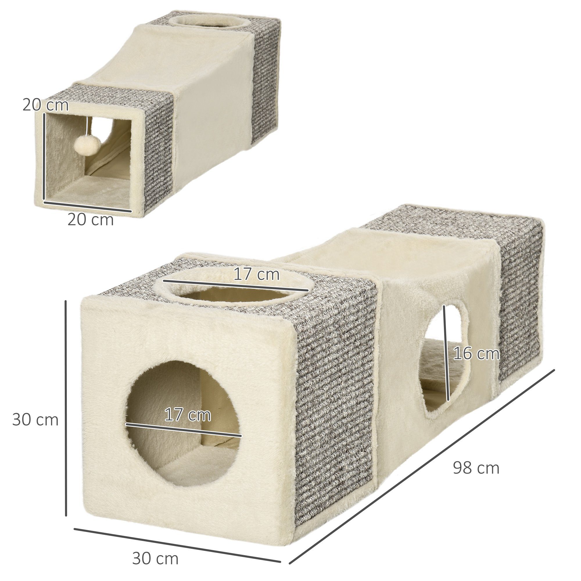 PawHut Tiertunnel Katzentunnel Faltbar Katzenspielzeug mit Ball Braun+Beige, Spanplatte, Flusen, Sisal, Braun+Beige, 98 x 30 x 30 cm
