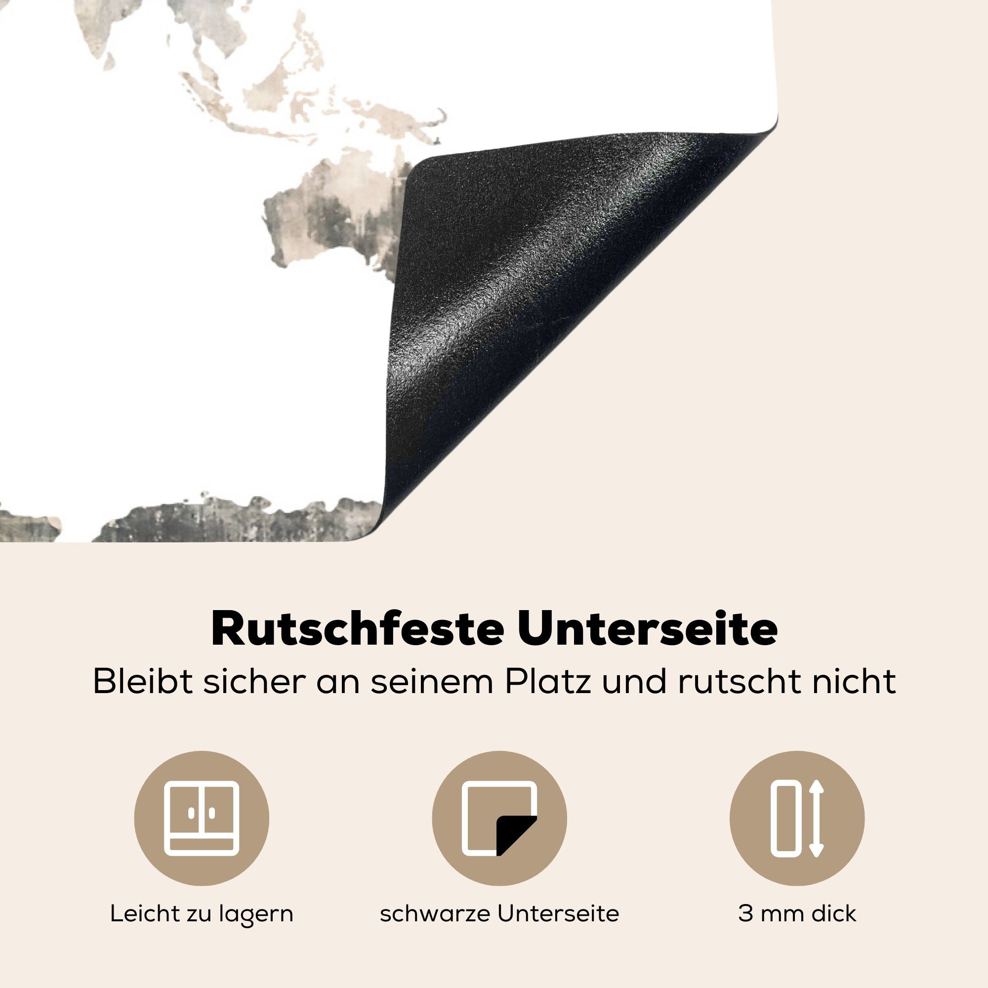 Herdblende-/Abdeckplatte küche, 81x52 - tlg), die Induktionskochfeld - cm, Vinyl, für Schutz Holz, MuchoWow Blau Ceranfeldabdeckung (1 Weltkarte