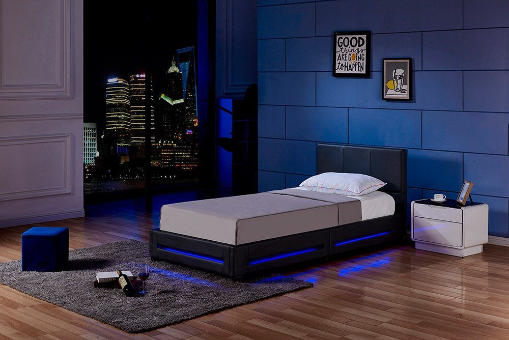 HOME DELUXE Bett LED Bett ASTEROID (Set, 3-tlg., inkl. Lattenrost, Matratze & LED Beleuchtung), 90 x 200 cm gepolstertes Kopfteil, Polsterbett, Kunstlederbett