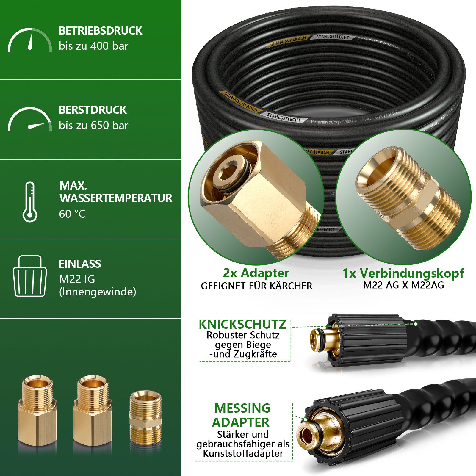 XERSEK Hochdruckschlauch 400 Bar Rohrreinigungsschlauch mit 2 Kärcher Adapter Rohrreinigungsset, 650 Bar Berstdruck, 4-Schichten-System, Mit Knickschutz, Messing-Adaptern & Aufbewahrungstasche, (Set), Geeignet Für Kärcher HD-/HDS-Hochdruckreiniger